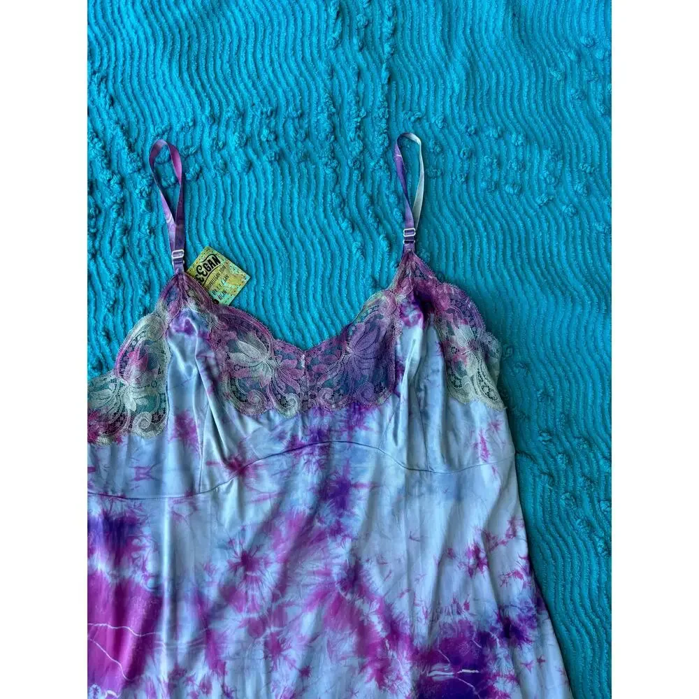 Hand Dyed Vintage Purple Blue Tie Dye Slip Dress Nylon Reworked Dress Loungewear